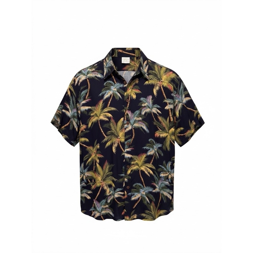28 Palms Mens Hawaiian Shirt Navy Blue Palm Tree Tropical Short Sleeve Button Up
